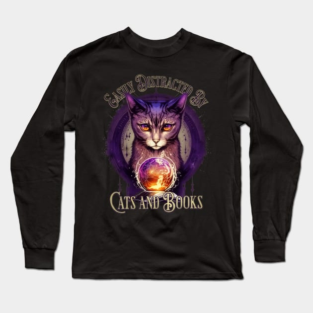 Easily Distracted By Books and Cats Design Long Sleeve T-Shirt by mythikcreationz